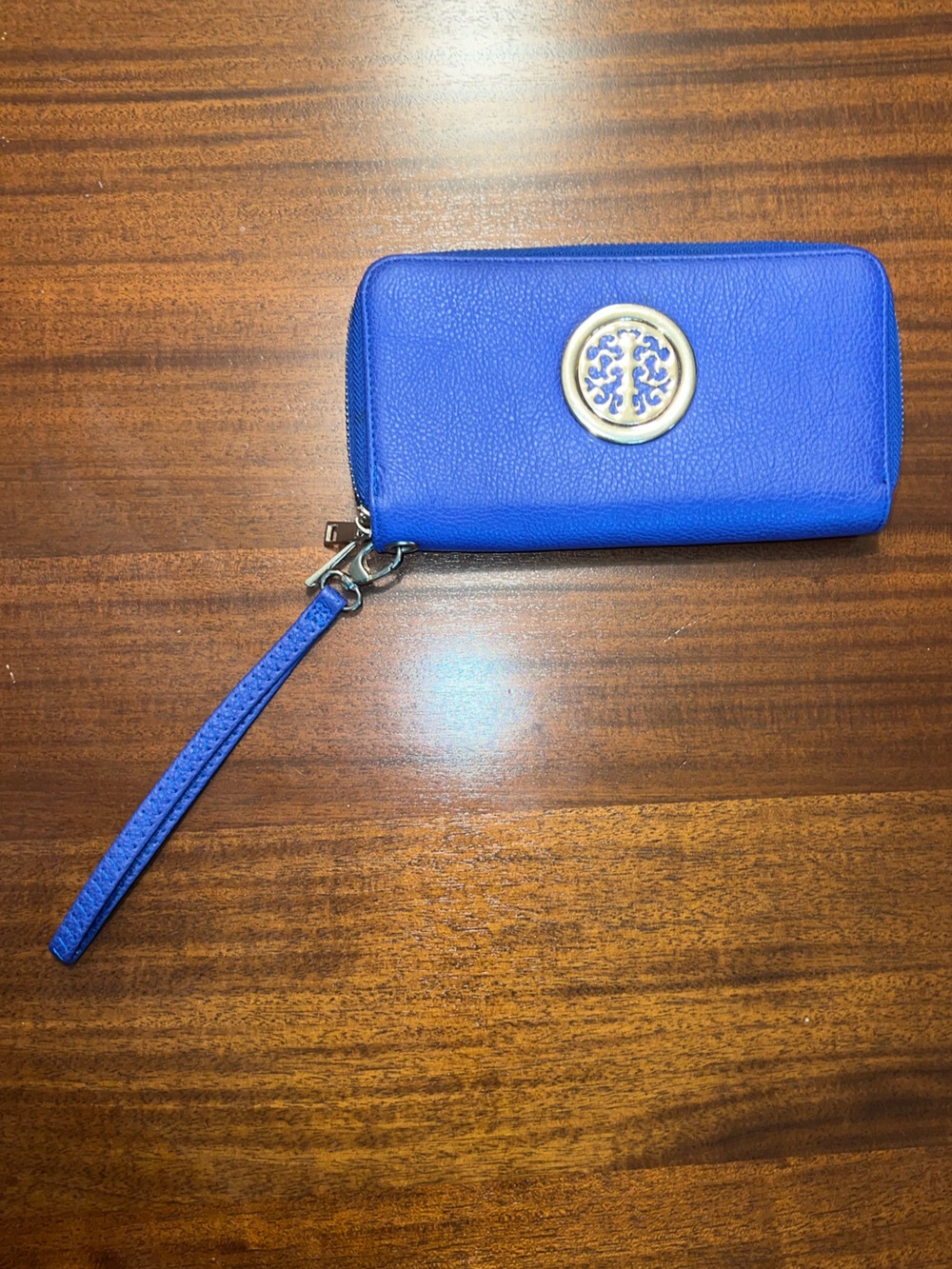 Blue Wristlet Wallet with Decorative Gold  Medallion